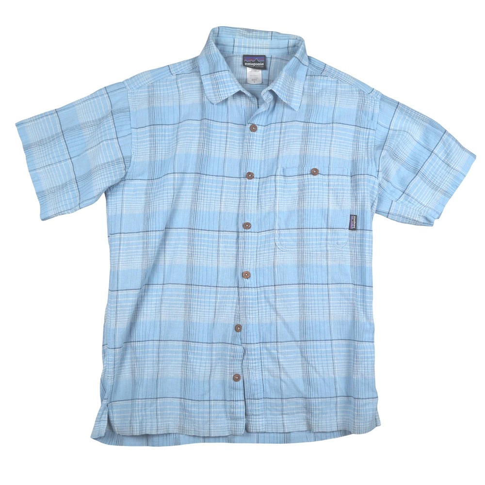 Patagonia Men's Organic Cotton Plaid Short Sleeve Button Down Shirt Blue Small